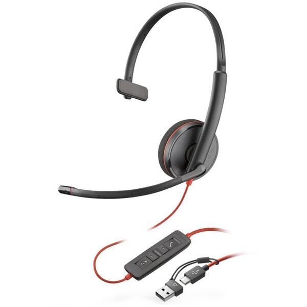 Headset HP Poly Blackwire 3210, USB-C/A adaptér, mono černý

