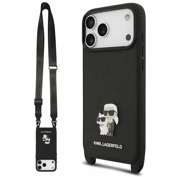 Kryt na mobil Karl Lagerfeld Saffiano Crossbody Popruh Metal Karl and Choupette na Apple iPhone 18 Pro černý

