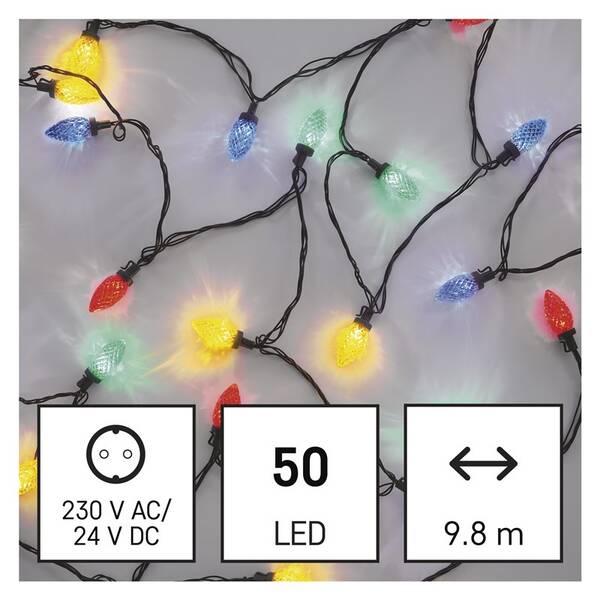 Vánoční osvětlení EMOS 50 LED řetěz, barevné žárovky, 9,8 m, multicolor, multifunkce 

