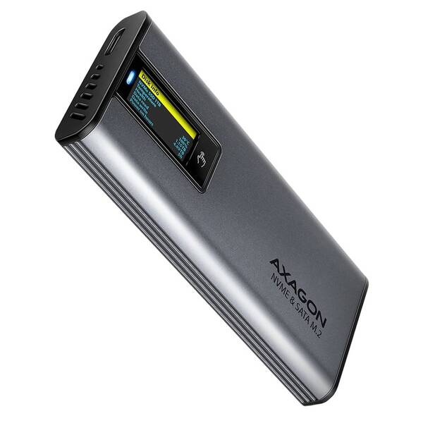 Externí rámeček Axagon DISPLAY box, USB-C 10Gbps - M.2 NVMe & SATA SSD šedý

