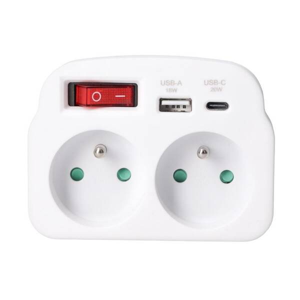 Rozbočovací zásuvka Solight 2x16A, USB A+C rychlonabíječka 20W, vypínač bílá

