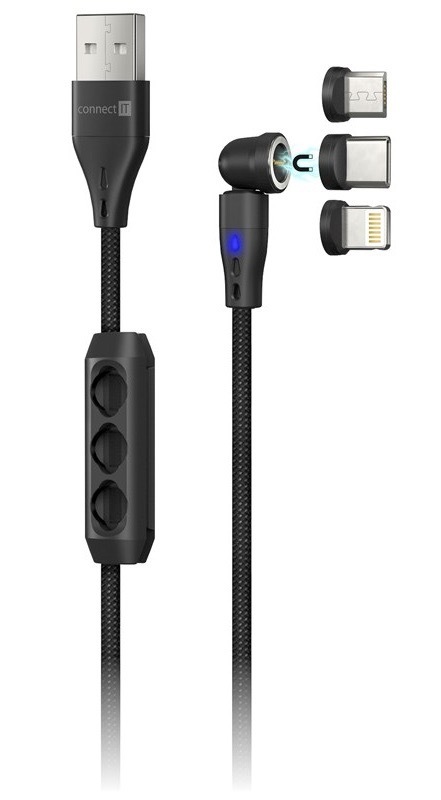 Kabel Connect IT Magnetic PowerLink 3in1, USB-C/Lightning/microUSB, 2 m černý