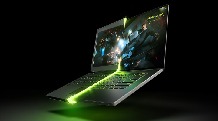 Zařízení zobrazující živou hru z videohry, kterou diagonálně rozděluje zelené laserové světlo.