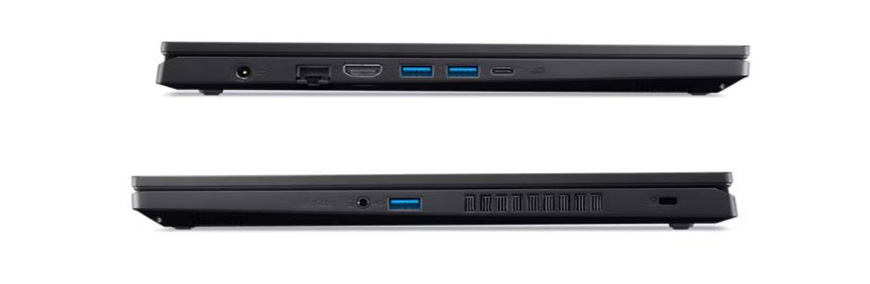 Boční pohled na černý notebook s různými porty, včetně USB, HDMI, Ethernet a nabíjecího portu.