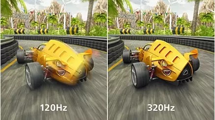 Herní monitor Philips Evnia 27M2N3800A černý Rozdělený obraz ukazuje žluté závodní auto na trati. Levá strana (120 Hz) je rozmazaná, zatímco pravá strana (320 Hz) je ostrá, což naznačuje lepší čistotu pohybu.