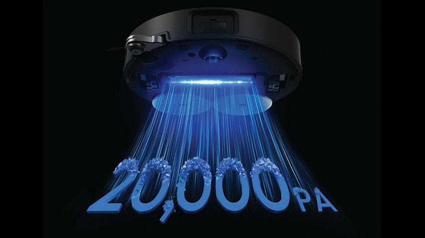 Robotický vysavač Hoover HG870HU 011 zespodu, digitálně je modrými proudy naznačen vysoký tah 20 000 Pa
