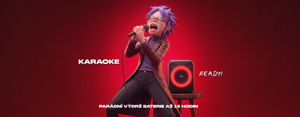 Party reproduktor JVC s funkcí karaoke a 15hodinovou výdrží baterie – banner s textem „Karaoke READY! Parádní výdrž baterie až 15 hodin“