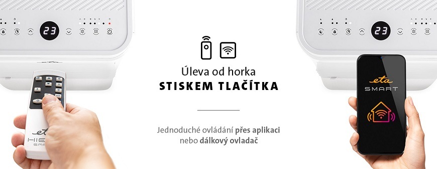 Mobilní klimatizace ETA Smart 3578 90000 2,6 kW bílá Infografika ukazující možnosti ovládání klimatizace ETA. Vlevo ruka s dálkovým ovladačem mířící na LED displej jednotky, vpravo ruka s chytrým telefonem a spuštěnou aplikací ETA SMART. Uprostřed je text: Úleva od horka stiskem tlačítka – jednoduché ovládání přes aplikaci nebo dálkový ovladač
