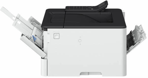 Tiskárna laserová Canon i-SENSYS LBP243dw II bílá Boční pohled na otevřené podavače papíru tiskárny Canon i-SENSYS LBP243dw II při tisku