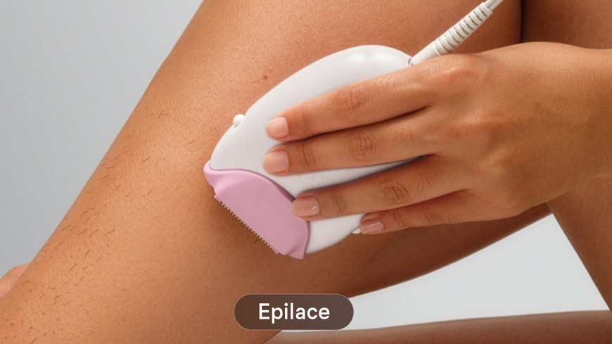 Detailní záběr na epilátor Braun Silk-épil 3 SE3-000, se kterým si žena holí lýtko..