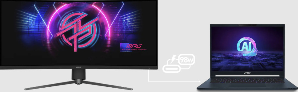 Monitor MSI MPG 346CQRF X24 propojený s notebookem přes USB-C s napájením až 98 W