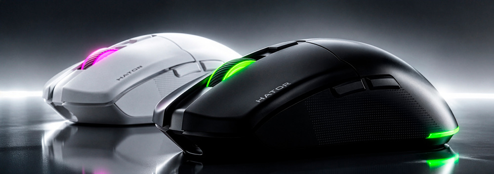 Myš HATOR Pulsar 4 černá Obě barevné varianty HATOR Pulsar 4 Wireless s RGB podsvícením na lesklém povrchu