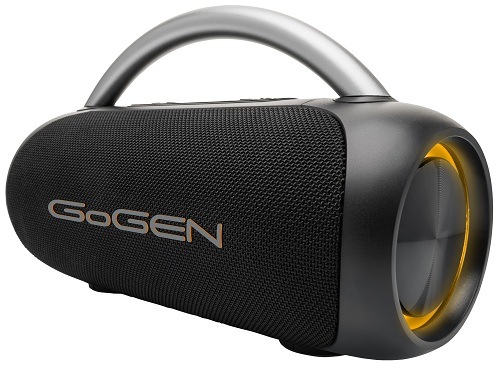 Přenosný reproduktor GoGEN ROLLEE se zapnutými světelnými efekty, natočený pohled