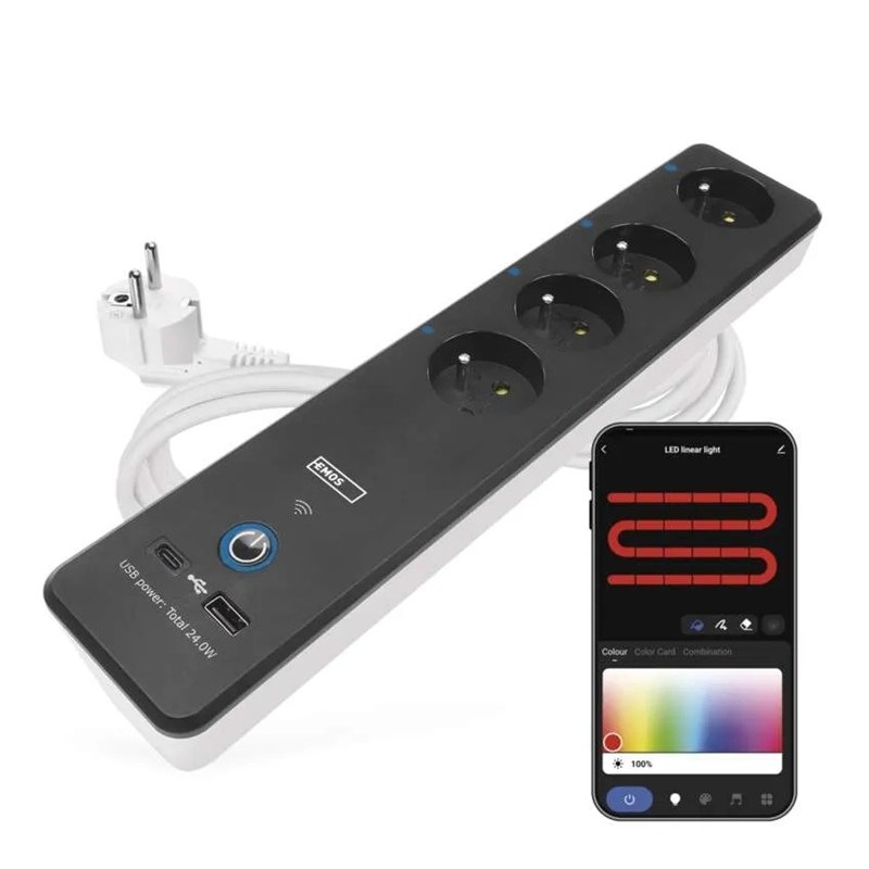 Kabel prodlužovací EMOS GoSmart, 4x zásuvka, 1x USB, 1x USB-C, vypínač, měření spotřeby, 2m - černý/bílý