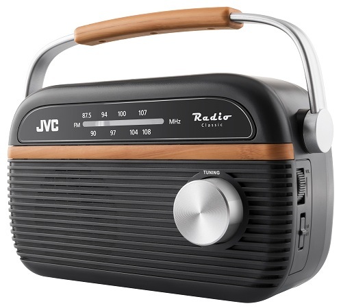 Šedé analogové rádio JVC RA-E215G v retro designu se stříbrným otočným ovladačem a praktickým madlem