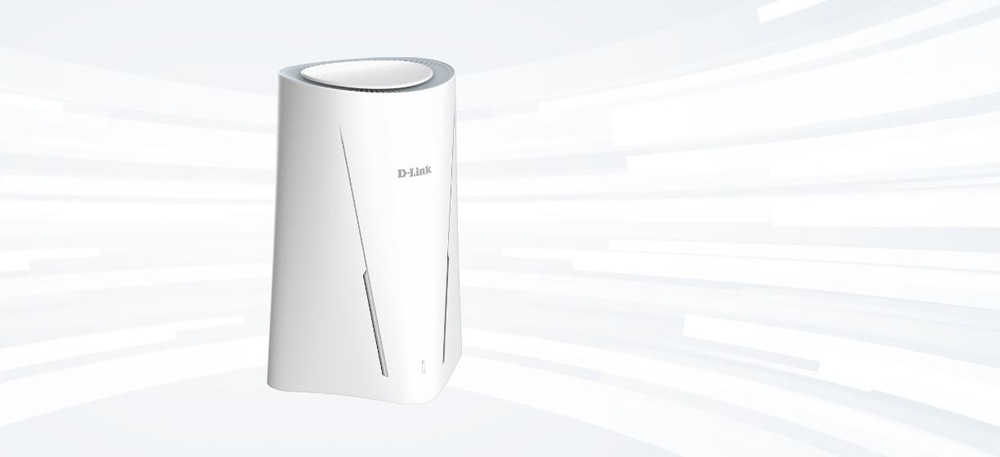 Elegantní bílý Wi-Fi router D-Link s moderním designem na světlém, abstraktním pozadí. Zařízení má čisté linie a válcovitý tvar, který mu dodává futuristický nádech.