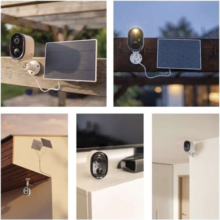 Koláž ukázek instalace kamery EMOS GoSmart se solárním panelem. Kamera je umístěná na plotě, pod střechou, na fasádě domu i v interiéru, panel je vždy poblíž a je s kamerou propojený kabelem.