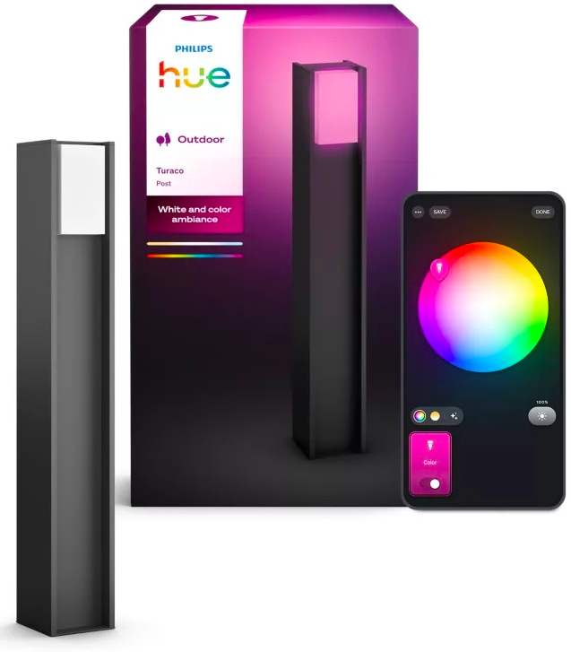Venkovní svítidlo Philips Hue Turaco Hue post 1xA60 WCA hliník/antracitové Svítidlo Philips Turaco Hue post vedle balení a telefonu s výběrem barvy světla