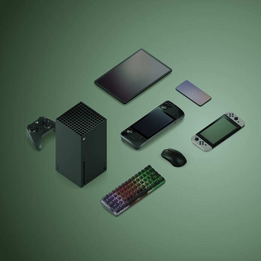 Přehled zařízení s konzolí Xbox, Nintendo Switch, handheldem, telefonem, tabletem a PC periferiemi