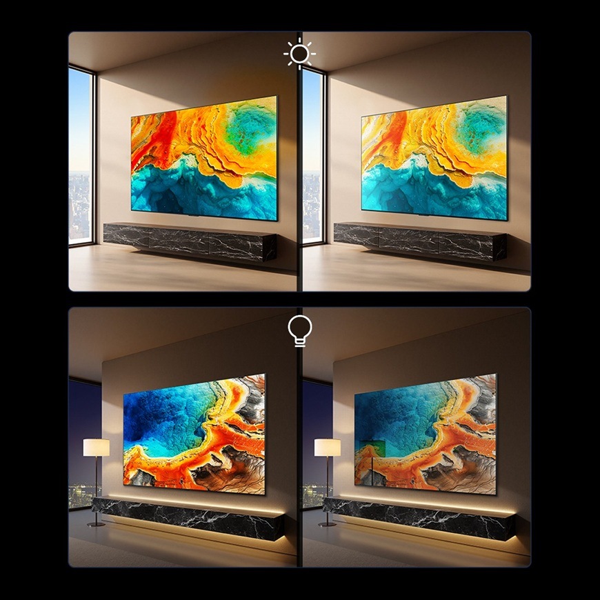 Televize TCL 85RM9L Televize TCL 85RM9L automaticky optimalizuje jas a kontrast podle okolního osvětlení, aby byl obraz dobře čitelný ve dne i v noci.