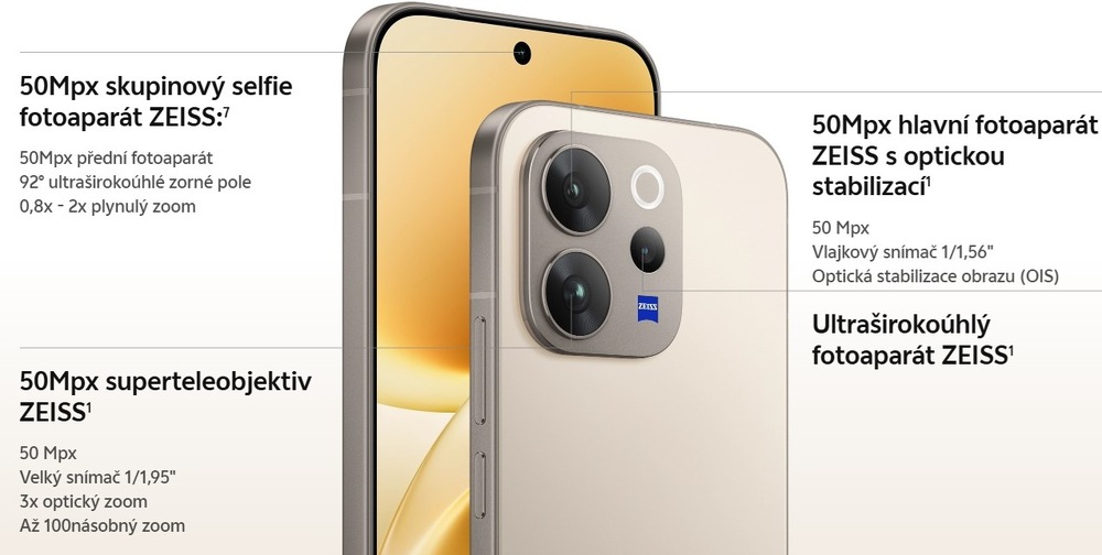 Mobilní telefon vivo V70 5G 8 GB / 256 GB černý Obrázek zachycuje všechny typy fotoaparátů smartphonu Vivo V70 5G 8 GB/256 GB včetně jejich krátkého popisu.