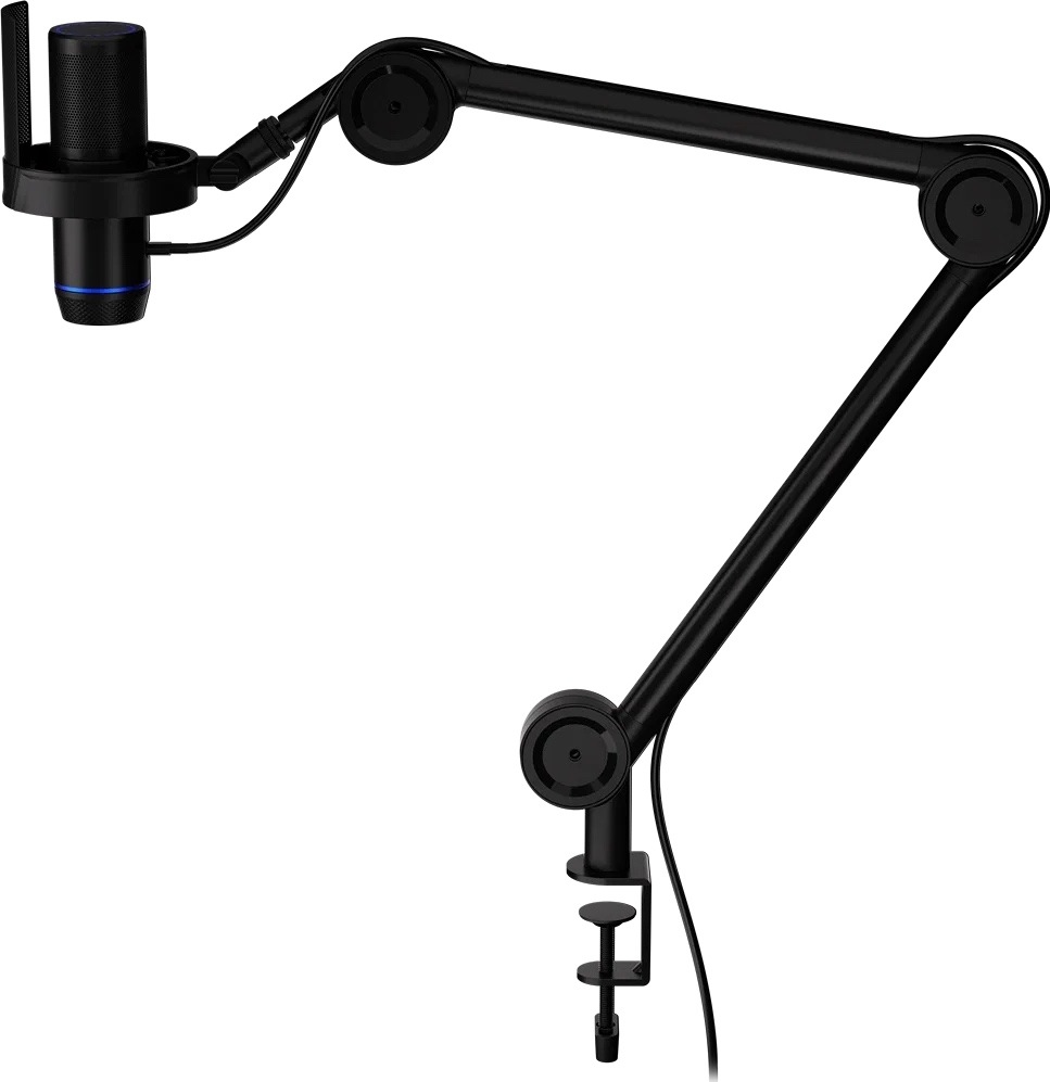 Mikrofon ENDORFY Solum 2 Boom Arm černý Boční pohled na černý mikrofon ENDORFY Solum 2 s pop filtrem a modrou LED na rozloženém kloubovém rameni s C-svorkou.