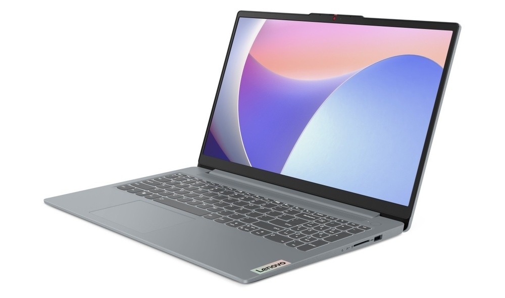 Notebook Lenovo IdeaPad Slim 3 15ABR8 modrý Otevřený a zapnutý notebook Lenovo IdeaPad Slim 3 15ABR8 natočený doleva