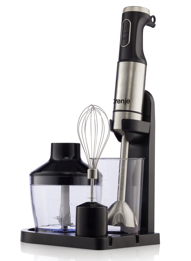 Přední pohled na Ponorný mixér Gorenje HBX1000EB i s příslušenstvím.
