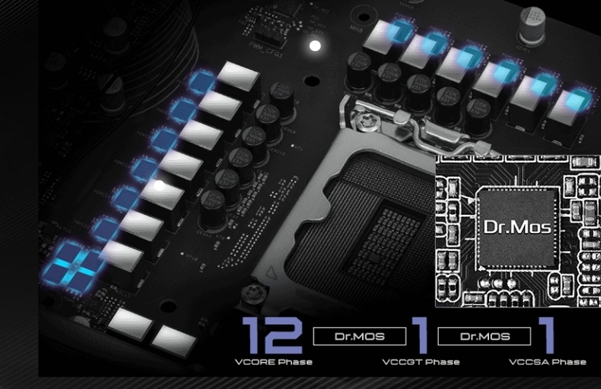 Detail napájecích fází Dr.MOS na desce ASRock B860 LiveMixer WiFi zajišťujících stabilní a efektivní napájení procesoru