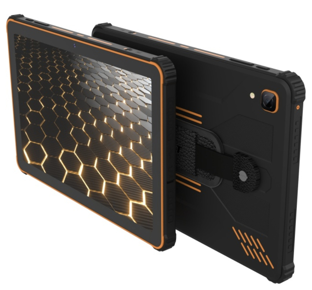 Dotykový tablet iGET Smart RT2 6 GB / 128 GB černý/oranžový Tablet iGET Smart RT2 zepředu a zezadu s fotoaparátem a zadním poutkem na ruku