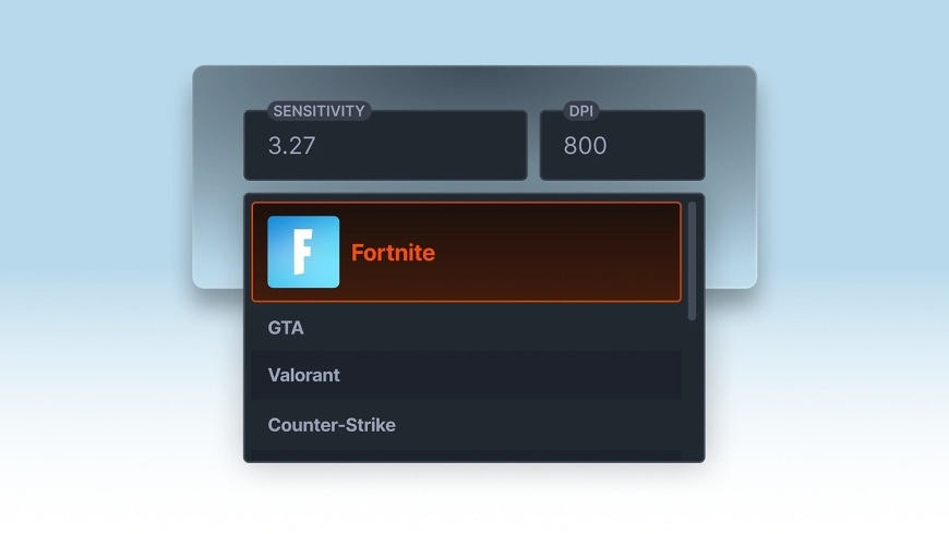 Rozhraní převodu citlivosti s výběrem hry Fortnite a ukázkovými hodnotami citlivosti a DPI