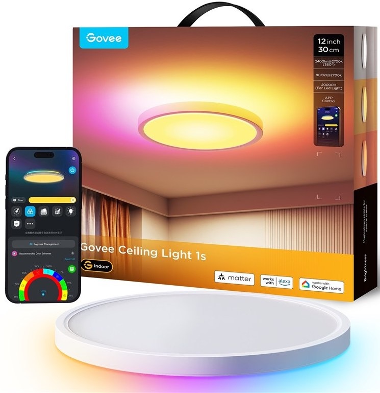 Prodejní balení Govee Ceiling Light 1s RGBICWW 30 cm 2400 lm s podporou Matter