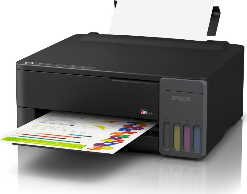 Tiskárna inkoustová Epson EcoTank L1350 černá Epson EcoTank s vloženým papírem, vytištěným barevným dokumentem a čtyřmi průhlednými zásobníky inkoustu na přední straně