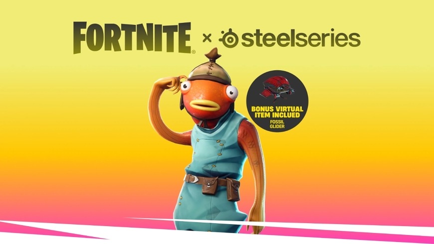Podložka pod myš SteelSeries QcK Large, Fortnite Fishstick žlutá Postava Fishstick s logy Fortnite a SteelSeries a odznakem bonusového kluzáku Fossil Glider