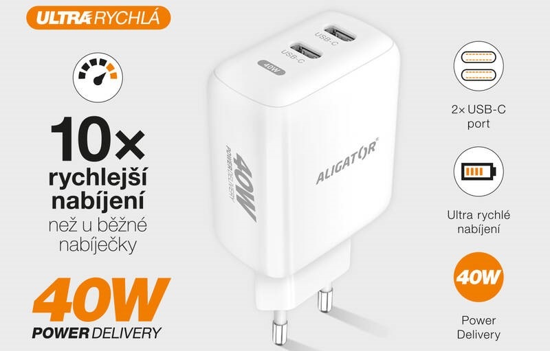 Nabíječka do sítě Aligator Power Delivery 40W, 2xUSB-C bílá