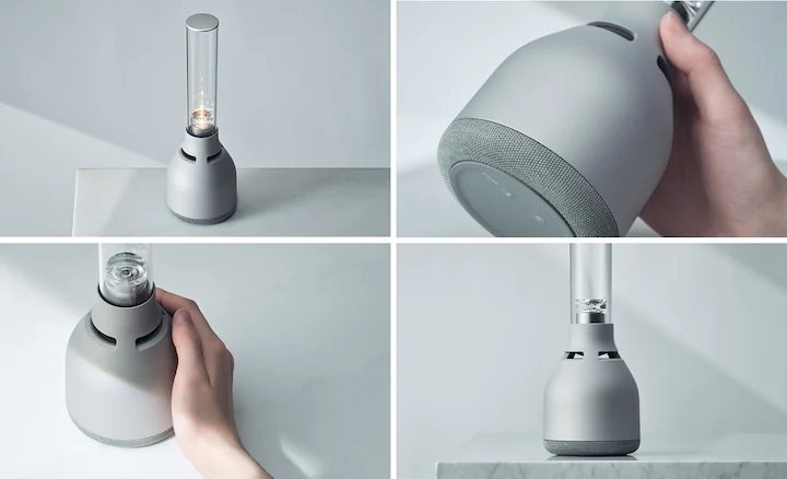 Přenosný reproduktor Sony LSPX-S3 stříbrný/šedý Čtyři pohledy na skleněný reproduktor Sony LSPX-S3 z různých úhlů.