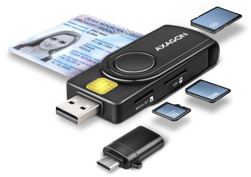 Čtečka eObčanek Axagon USB-A + USB-C PocketReader 4-slot + SD/microSD/SIM černá