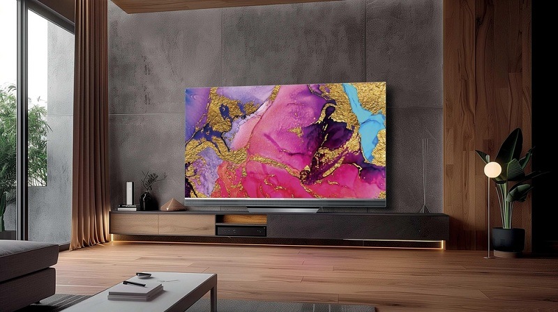 Televize Haier H65M95EUX je na polici v obývacím pokoji