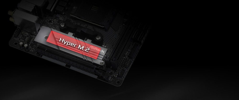 Základní deska ASRock B550M PRO4 Je zobrazena část základní desky počítače s namontovaným SSD diskem Hyper M.2 s červeným štítkem na černém pozadí, který dodává počítači elegantní a moderní technologický vzhled.