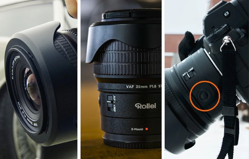 Objektiv Rollei 35 mm AF f/1.8 (Nikon Z) černý Detaily přední čočky, ovládacího kroužku a tlačítek pro ovládání objektivu Rollei 35 mm AF f/1.8