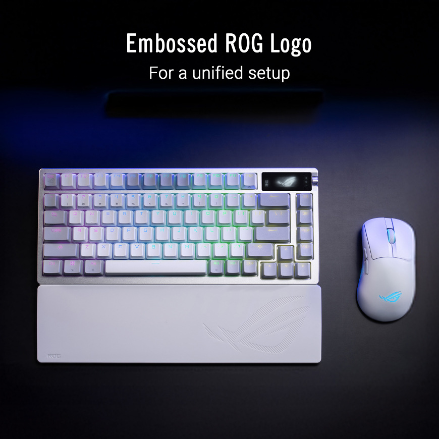 Opěrka zápěstí Asus ROG Keyboard Wrist Rest – bílé provedení s embosovaným logem ROG vedle klávesnice a myši