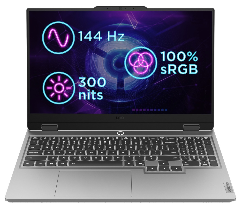 Notebook Lenovo LOQ 15IRX10 šedý Pohled zepředu na notebook Lenovo LOQ 15AHP10