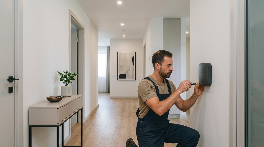 Hub Safe 2 Plus LTE - 9-15 V DC bílý Na obrázku je montáž zařízení SAFE v moderní domácí chodbě. Muž v pracovním oblečení klečí u bílé stěny a pomocí šroubováku upevňuje tmavý čtvercový hub se zaoblenými rohy. Zařízení je umístěné zhruba ve výšce hrudníku, nenápadně na stěně vedle prosklených dveří. Interiér působí čistě a moderně, s dřevěnou podlahou, bílými stěnami a decentním nábytkem.