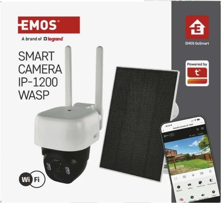 IP kamera EMOS GOSMART venkovní, Wi-Fi IP-1200 WASP 5MPX bílá Produktové balení kamery EMOS Smart Camera IP-1200 WASP. Na bílé krabici je vyobrazená otočná kamera se dvěma anténami, solární panel, ukázka mobilní aplikace a loga EMOS GoSmart, Tuya a Wi-Fi.