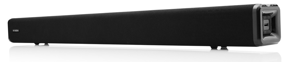 Černý soundbar k TV Hyundai SB 940 B z bočního nadhledu ukazující jeho elegantní profil