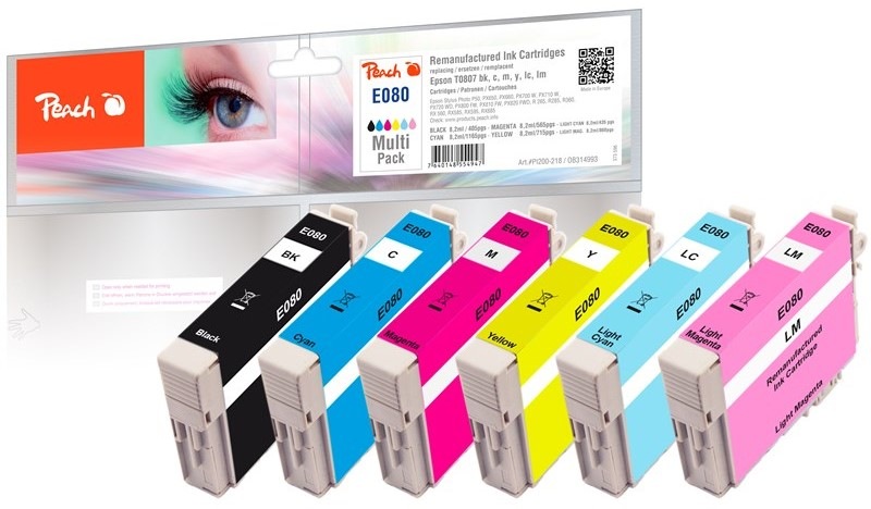 Inkoustová náplň Peach Epson 80, T0807 MultiPack, 6x 8,2ml - CMYK