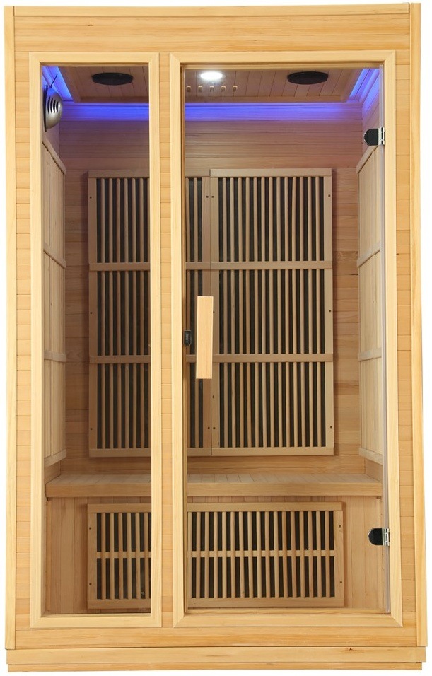 Infrasauna HANSCRAFT CONSTANCE 2+ s modrým LED podsvícením na stropě.