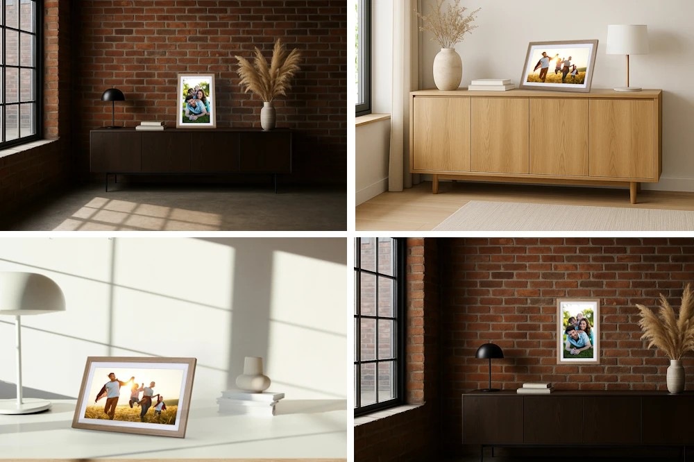 Elektronický fotorámeček Rollei WiFi 212 hnědý Variace fotografií digitálního fotorámečku Rollei WiFi 152 pověšeného na zeď, postaveného na stůl a na komodu