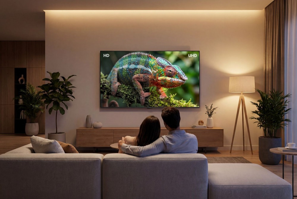 Televize Sencor SLE 43US804B Mladý pár sleduje na velké 4K televizi Sencor SLE 43US804B detailní záběr barevného chameleona.