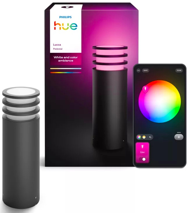 Svítidlo Philips Lucca Hue s obalem a výběrem barvy světla v mobilní aplikaci